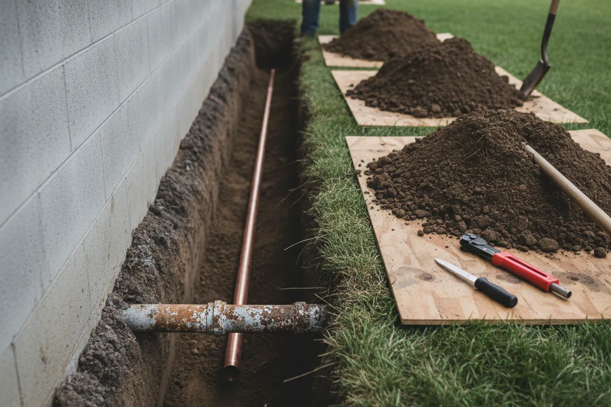 Excavated water line trench during Sewer Line Repair in Ashippun